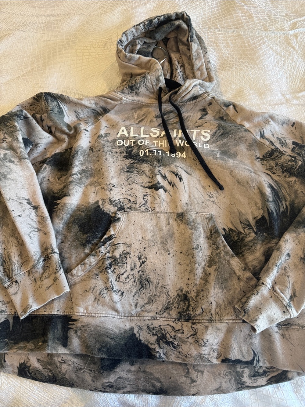 AllSaints Marble-Print Crewneck Hoodie in Gray and Black